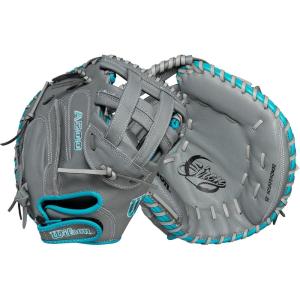 imageWilson 2024 A500 Siren 32 Youth Fastpitch Softball Catchers Mitt  Right Hand Throw GreyTealWhite32