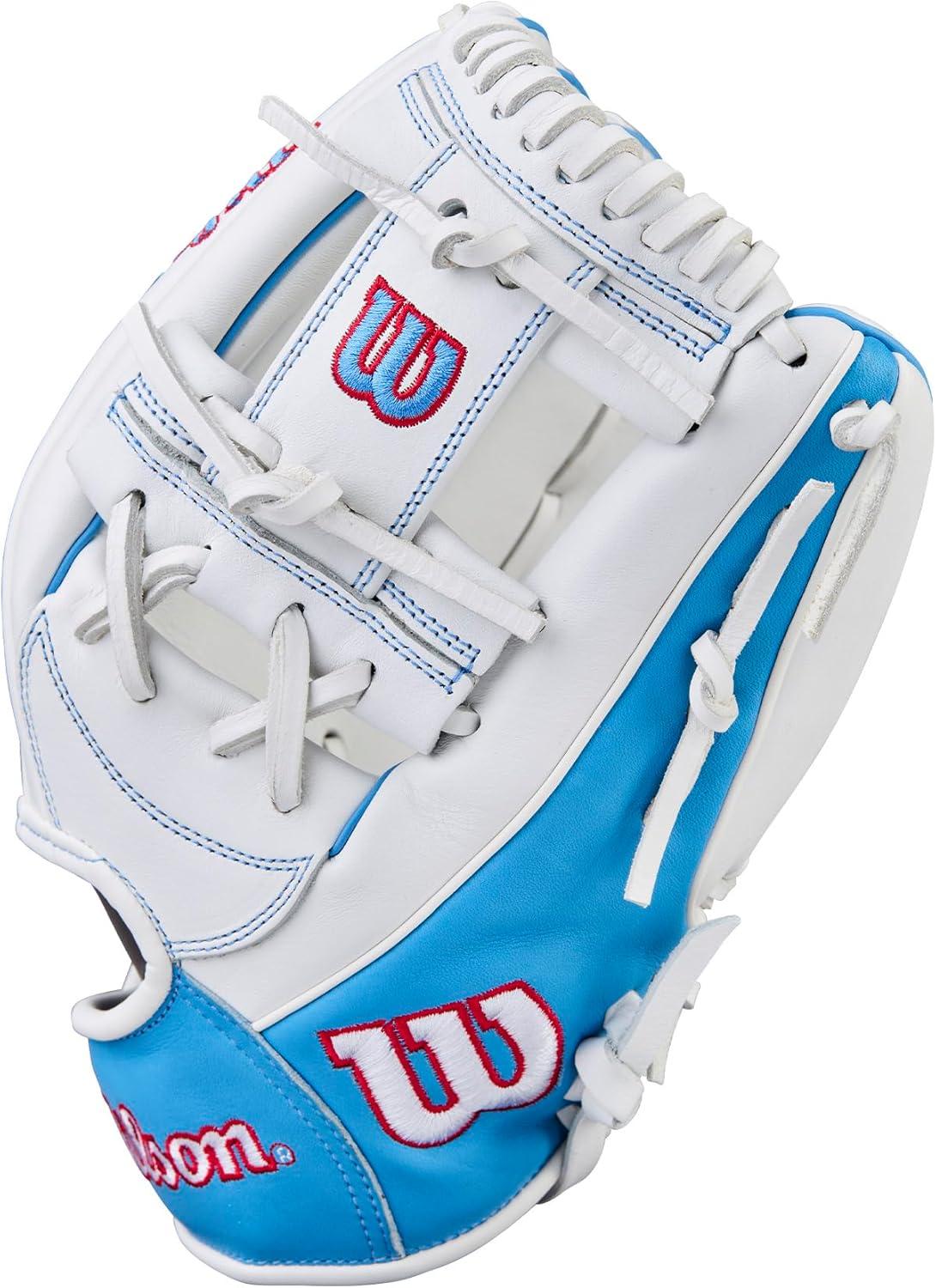 imageWilson 2026 A1000 Infield and Outfield Fastpitch GlovesWhiteCool BlueRed