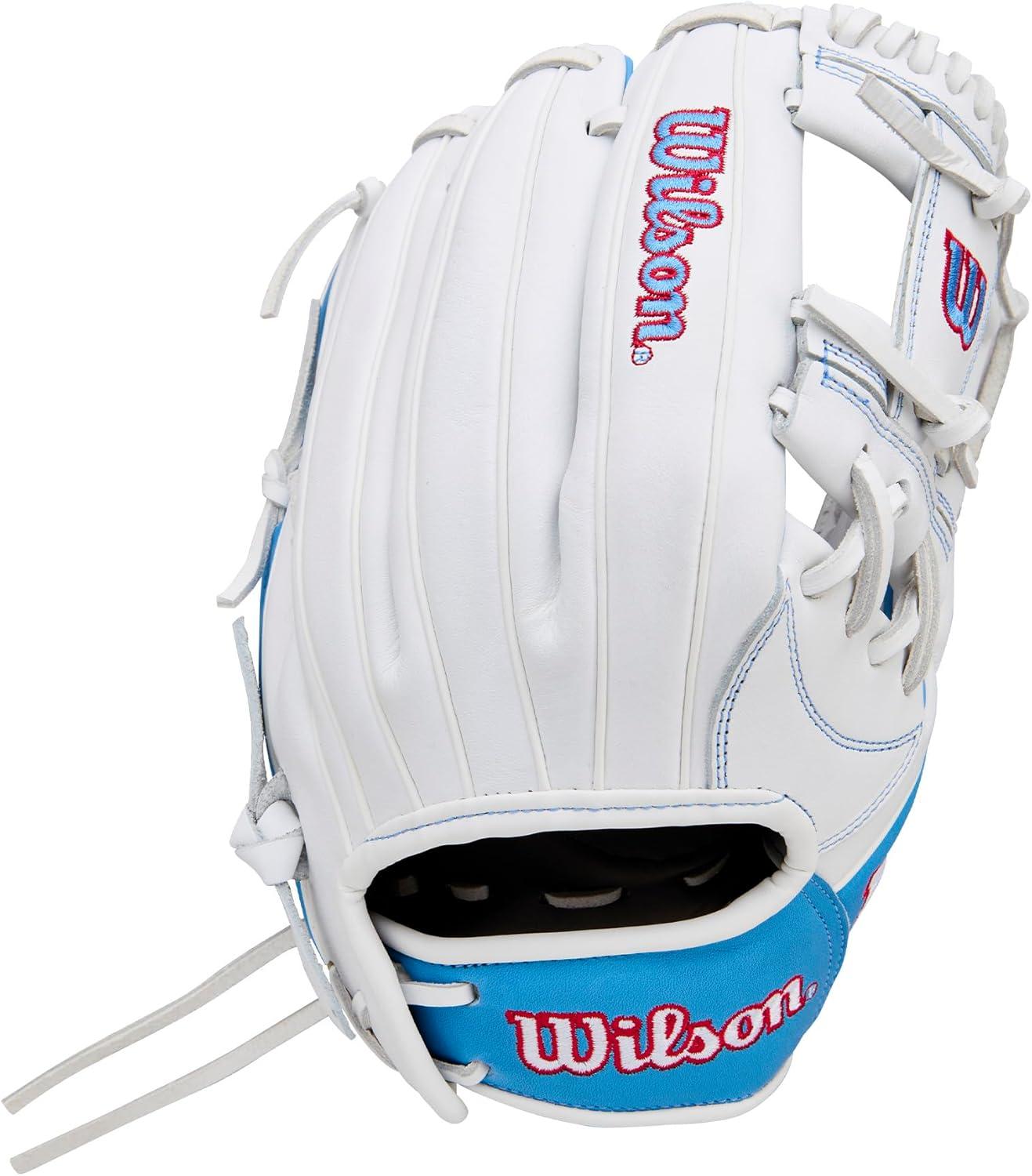imageWilson 2026 A1000 Infield and Outfield Fastpitch GlovesWhiteCool BlueRed