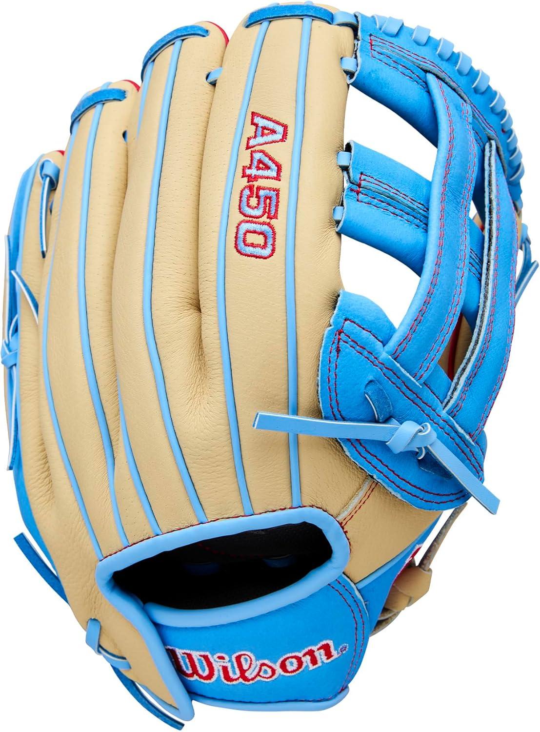 imageWilson 2026 A450 Baseball GlovesBlondeCool BlueRed
