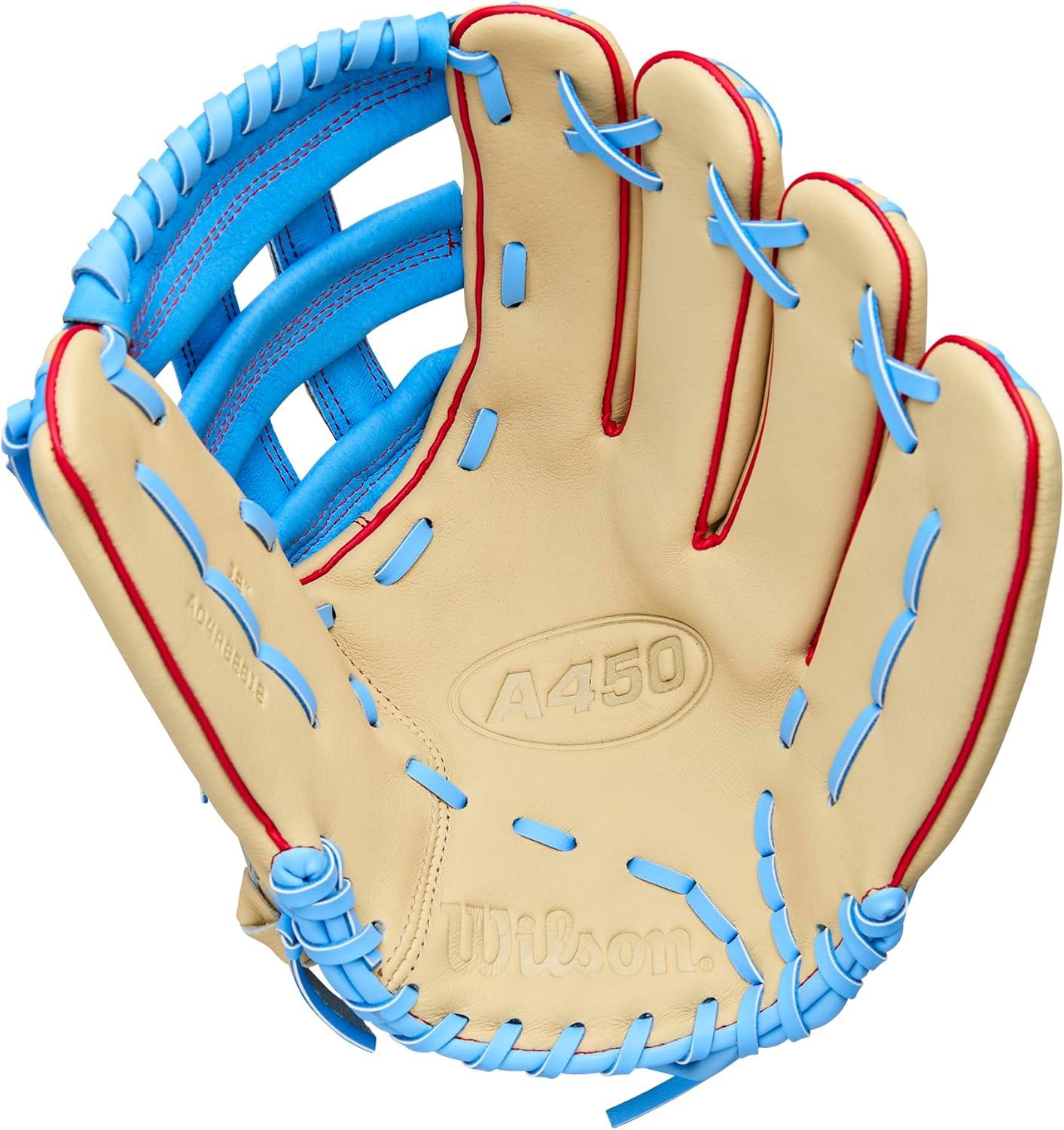 imageWilson 2026 A450 Baseball GlovesBlondeCool BlueRed